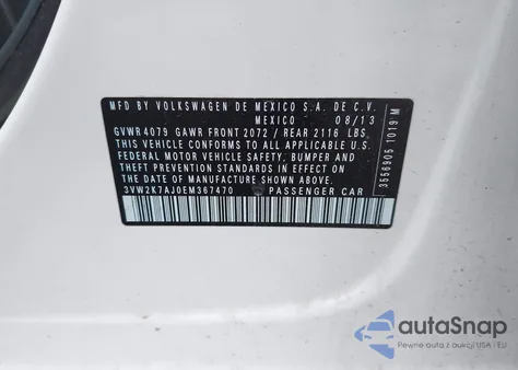 2014 Volkswagen Jetta 2.0L S из США, поврежденный, VIN 3VW2K7AJ0EM367470